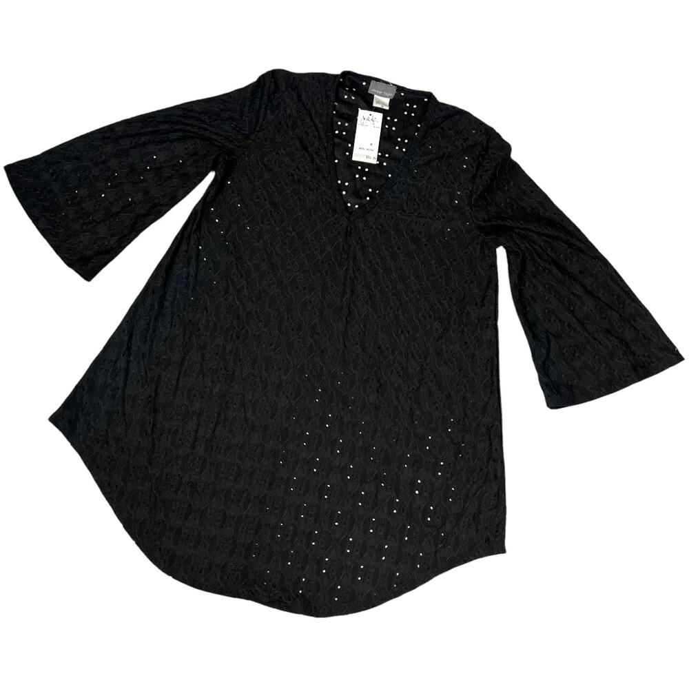 Jordan Taylor Tunic Blouse Black V-Neck Eyelet 3/4 Bell Sleeve Womens Medium NEW